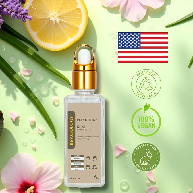 REVATOLOGY Kids Hair Growth & Conditioning Serum (Made in USA) Clinical Leave-in Formula with 30 botanicals for Scalp Care, anti-dandruff, anti-frizz for all hair types | Chemical & Cruelty free