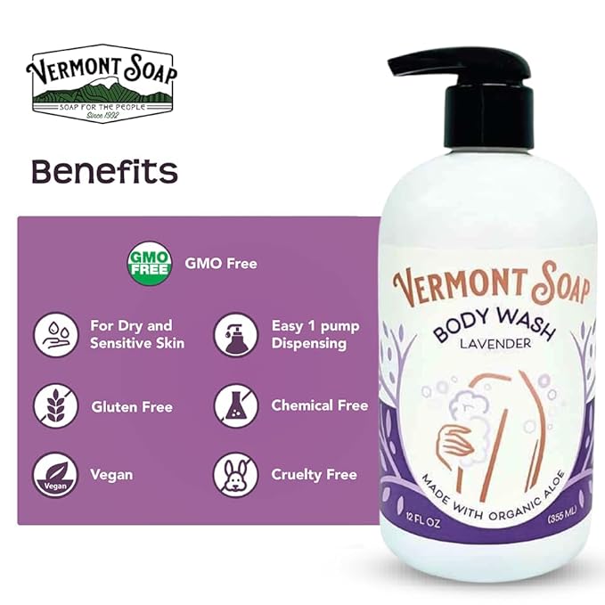VERMONT SOAP Body Wash, Natural Body Wash with Shea Butter, Mild Gel Body Wash for Moisturizing and Soothing Skin, Fragrance Free Body Wash for Women & Men (Lavender, 12oz)