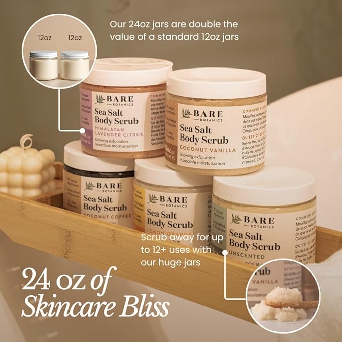 Bare Botanics Coconut Coffee Body Scrub 24oz | Made in Madison, WI | All Natural Sea Salt Exfoliator w/ Skin Loving Moisturizers | Vegan & Cruelty Free | Gift Ready Packaging w/ a Cute Wooden Spoon