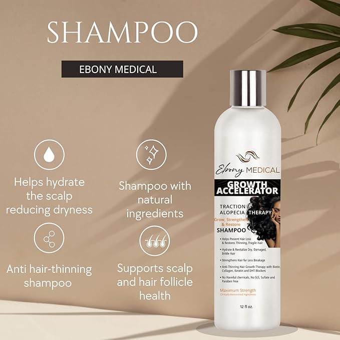 Ebony Medical Alopecia Areata Treatment Shampoo – Hair Loss & Thinning Hair Support – Stimulates Hair Growth & Scalp Health – Receding Hairline & Bald Spot Solution – 12 fl oz – Natural & Vegan
