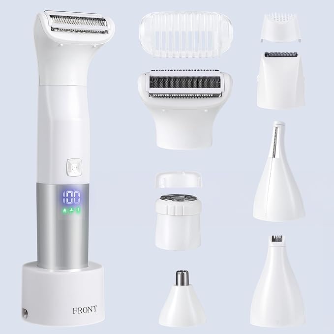 Bikini Trimmer for Women, 6-in-1 Body Hair Trimmer, Facial & Pubic Hair Removal, IPX7 Waterproof Wet & Dry Grooming Electric Shaver Kit,Cordless Travel Razor with USB Charging Dock