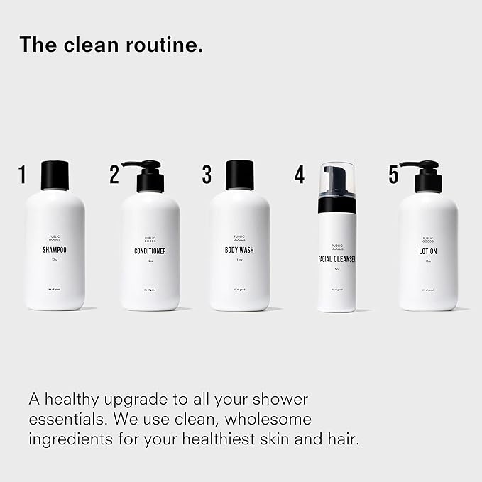 Public Goods Shower Essentials for Men and Women | Natural Shampoo, Conditioner & Body Wash | Made with Organic Essential Oils | Sulfate & Paraben Free | Vegan Friendly | 12 Fl Oz Bottles