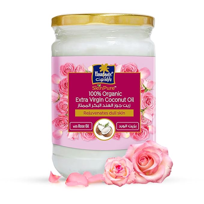 Parachute Advansed SkinPure 100% Organic Extra Virgin Coconut Oil with Rose Oil |Face & Body Oil Moisturizer |Boosts Collagen| Cold Pressed | 6.7 fl.oz | Glass Jar (Pack of 2)