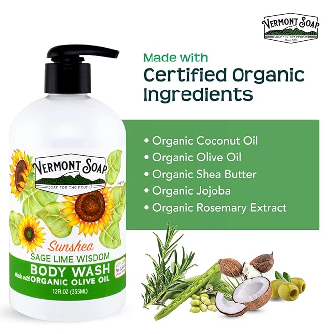 VERMONT SOAP Body Wash, Natural Body Wash with Shea Butter, Mild Gel Body Wash for Moisturizing and Soothing Skin, Fragrance Free Body Wash for Women & Men (Sage Lime Wisdom, 12oz)