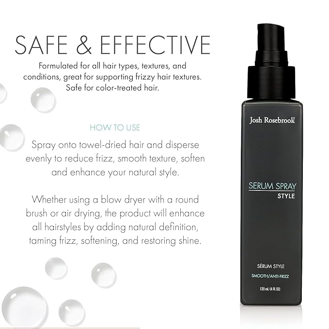 Josh Rosebrook Serum Spray - anti-frizz, wave and curl smoothing and defining hair styling spray that also performs as a nourishing, herbal-active scalp treatment - 120 mL - 4 Oz