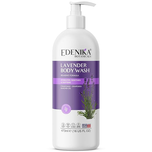Edenika Lavender Body Wash with Vitamin E, Cleanses, Relaxes & Moisturizes, Stress Relief Shower Gel for Dry and Sensitive Skin, Women & Men, Organic & Natural, 16 fl oz