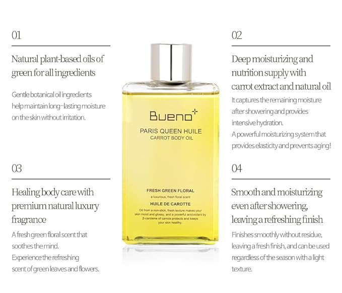 Bueno+ PARIS QUEEN HUILE CARROT BODY OIL | Hydrates & Protects Skin with Carrot Extract, Beta-Carotene | Protective Nutrition Supply Moisturizing Elasticity Dry Moisture | 6.7 Fl Oz