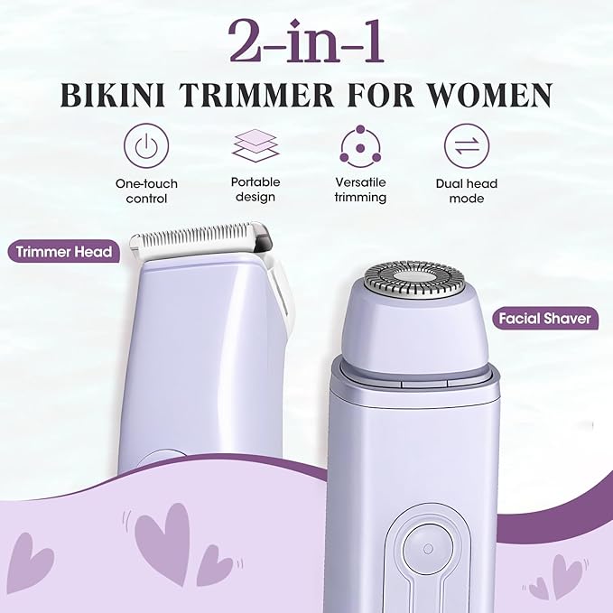 Bikini Trimmer Electric Razors for Women, 2-in-1 Dual-Head Cordless Body Hair Trimmer Facial Hair Removal for Face Lip Chin Pubic Underarm Legs, IPX6 Waterproof, Gifts for Women