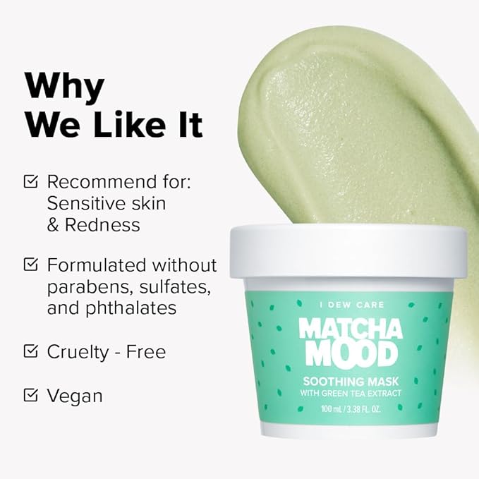 I Dew Care Wash-Off Mask - Matcha Mood | Korean Facial Soothing Green Tea Skincare for Dry and Sensitized Skin, Korean Face Mask Skin Care for Face, 3.38 Oz