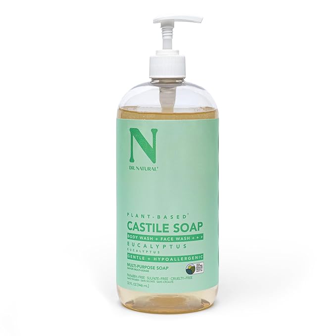 Dr. Natural Castile Liquid Soap - Multi-Use Body Wash, Shampoo and Face Wash - Hydrating Body Soap for Skin, Hair, Pets and Home - Eucalyptus - 32 oz