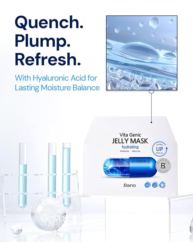 Bano Vita Genic Jelly Face Hydrating Mask 10EA – Firming Sheet Mask for Sensitive Skin, Korean Glass Skin Care with Mineral Water, Vitamin C & Niacinamide, Fragrance-Free, Pack of 2