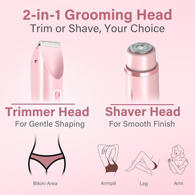 2-in-1 Women's Electric Razor & Bikini Trimmer - Painless Smooth Shave & Gentle Pubic Hair Removal - Dual Ceramic Blades, IPX7 Shower-Proof - Cordless for Sensitive Skin