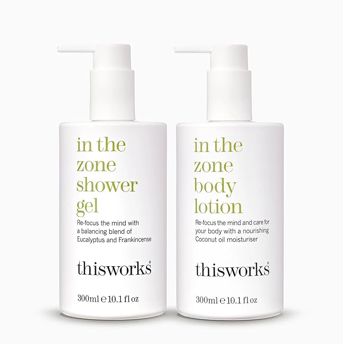 This Works In The Zone Body Lotion & Shower Gel Duo: Hydrating Moisturizer & Refreshing Body Wash with Essential Oils, Eucalyptus & Frankincense, Vegan, 10.1 oz Each