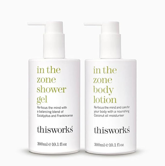 This Works In The Zone Body Lotion & Shower Gel Duo: Hydrating Moisturizer & Refreshing Body Wash with Essential Oils, Eucalyptus & Frankincense, Vegan, 10.1 oz Each