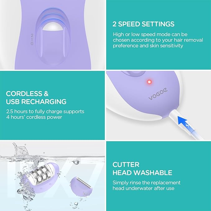 Epilator for Women-Cordless Epilators Hair Removal for Women, 4-in-1 Electric Razor Hair Remover, 2 Speeds & 21 Tweezers for Face Legs Arms Armpit Bikini, Purple HR310