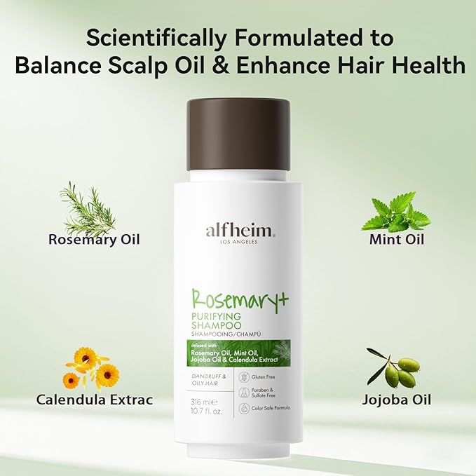 Alfheim Rosemary+ Purifying Shampoo | Infused with Rosemary Oil, Peppermint Oil & Calendula Extract | Gentle Cleansing for Oily Hair & Scalp Balance | Sulfate-Free, Paraben-Free | 10.7 fl oz