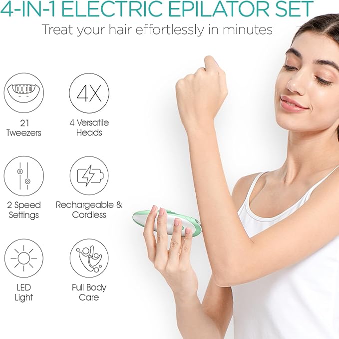 Epilator for Women-Cordless Epilators Hair Removal for Women, 4-in-1 Electric Razor Hair Remover, 2 Speeds & 21 Tweezers for Face Legs Arms Armpit Bikini, Green HR310