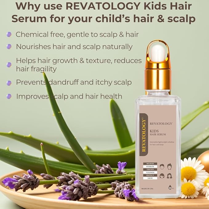 REVATOLOGY Kids Hair Growth & Conditioning Serum (Made in USA) Clinical Leave-in Formula with 30 botanicals for Scalp Care, anti-dandruff, anti-frizz for all hair types | Chemical & Cruelty free