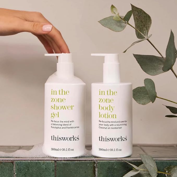 This Works In The Zone Body Lotion & Shower Gel Duo: Hydrating Moisturizer & Refreshing Body Wash with Essential Oils, Eucalyptus & Frankincense, Vegan, 10.1 oz Each
