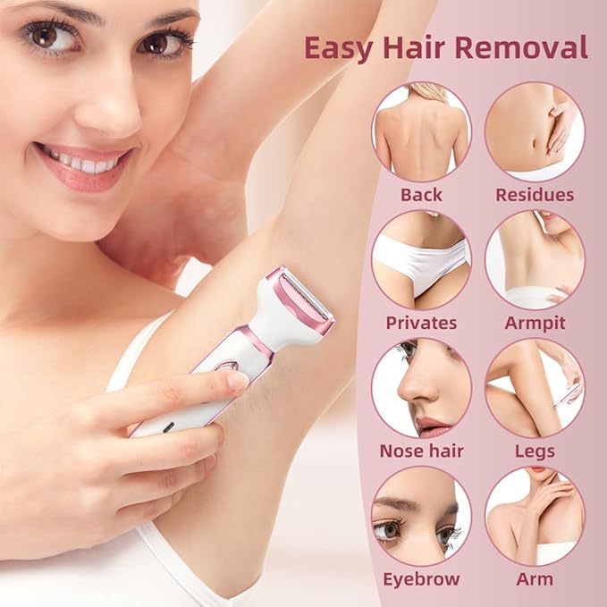 Women's Electric Razor Bikini Trimmer, 4-in-1 Cordless Shaver for Face, Legs, Underarms, Pubic Hair – Wet/Dry Use, Painless Hair Removal