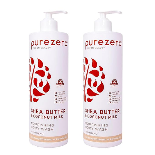 Purezero Shea Butter & Coconut Milk Body Wash, Leaves Skin Hydrated and Fresh, Maintain Elasticity and Smoothness, Zero Sulfates, Parabens, Dyes,100% Vegan & Cruelty-Free (20oz, 2 Pack)