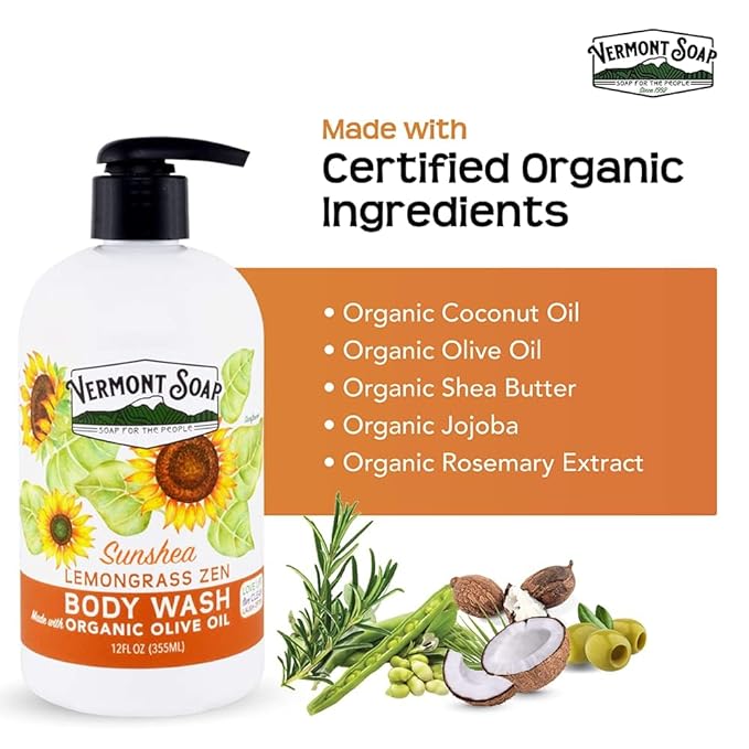 VERMONT SOAP Body Wash, Natural Body Wash with Shea Butter, Mild Gel Body Wash for Moisturizing and Soothing Skin, Fragrance Free Body Wash for Women & Men (Lemongrass Zen, 12oz)