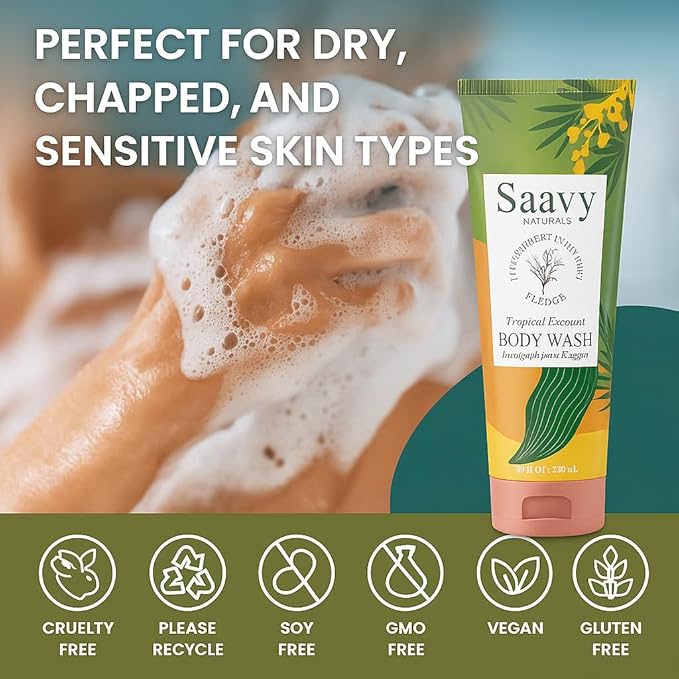 Saavy Naturals Tropical Coconut Body Wash, Moisturizing Shower Gel for Men & Women, Vegan Formula with Coconut Oil, Shea Butter, and Aloe Vera - 8.5 Fl Oz, 2 Pack Made in the USA