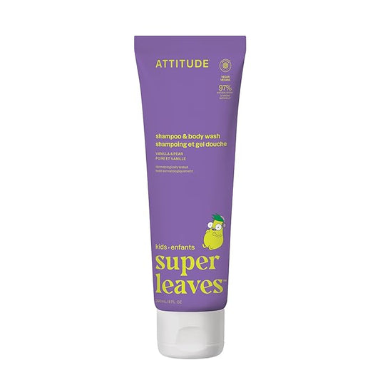ATTITUDE Shampoo and Body Wash for Kids, EWG Verified, Dermatologically Tested, Plant- and Mineral-Based Ingredients, Vegan, Vanilla & Pear, 8 Fl Oz