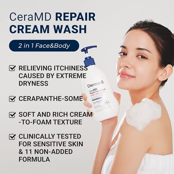 Derma B CeraMD Repair Cream Wash, Unscented Fragrance Free Creamy Face & Body Cleanser for Dry Sensitive Itchy Skin, Deep Moisture Paraben-Free Body Wash, Cream to Foam Cleanser, 13.5 Fl. Oz., 400ml