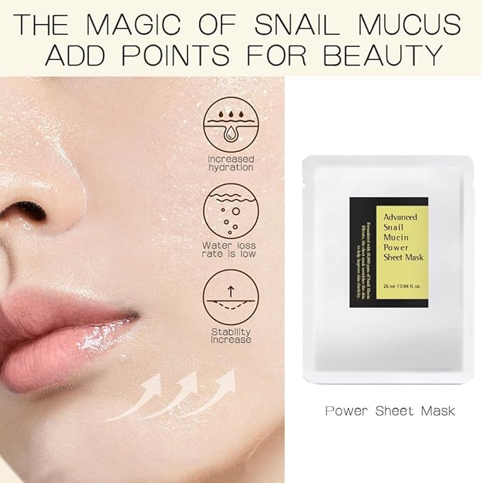 Korean Skin Care - Pack of 12 Snail Mucin Face Masks. Deep Moisturizing for Dry Treatment. Gentle on Sensitive Skin. No Parabens, No Sulfates, Never Tested on Animals