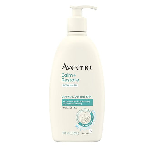 Aveeno Calm + Restore Daily Body Wash for Sensitive, Delicate Skin, Gentle Cleanser with Oat, Aloe & Pro-Vitamin B5 Soothes & Leaves Skin Feeling Nourished, Fragrance Free, 18 fl. oz