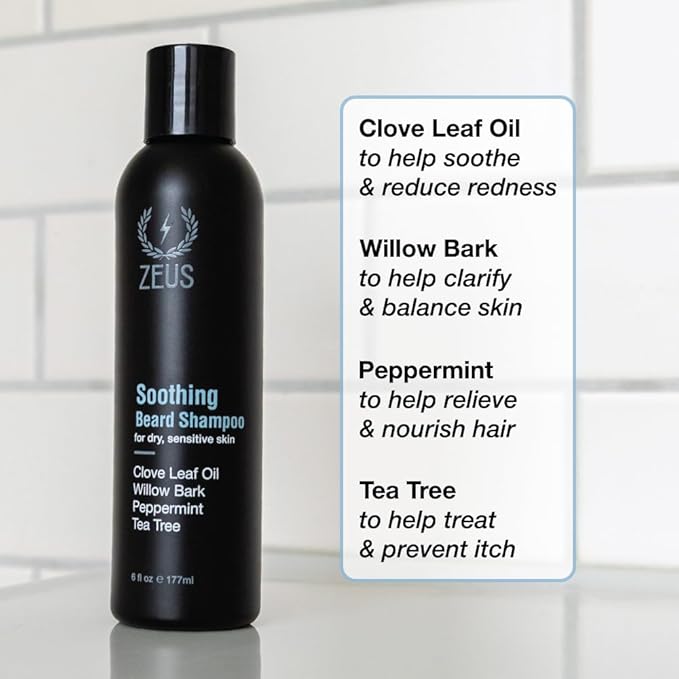 ZEUS Soothing Beard Shampoo for Men, Specialized Face & Hair Wash for Dry & Sensitive Skin, Anti-Dandruff & Itch Relief for Healthy Beard Growth (Made in USA) 6 oz.