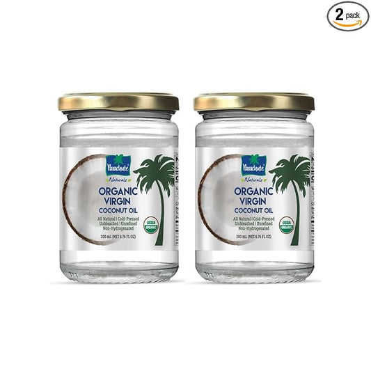 Parachute Naturalz Organic Virgin Coconut Oil | Cooking, Hair, Body Oil & Pulling | Cold Pressed | Unrefined | Unbleached | MCT Oil | USDA Certified | 6.7 fl.oz | Pack of 2 | Glass Jar