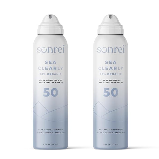 Sonrei Sea Clearly® Organic Mist Sunscreen | SPF 50, Broad Spectrum, Water-Resistant | Vegan, Non-Greasy | Ideal for Face & Body | 6 Fl Oz (Pack of 2)