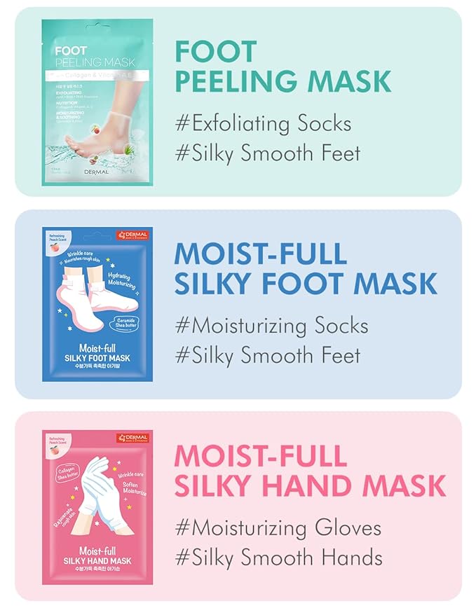 DERMAL Moistfull Silky Foot Mask 3 Pairs - Hydrating Foot Mask Socks for Dry Cracked Feet, Toes, and Callus - Ceramide, Shea Butter - Repair Rough Heels - Refreshing Peach Scent (Non-Peel)