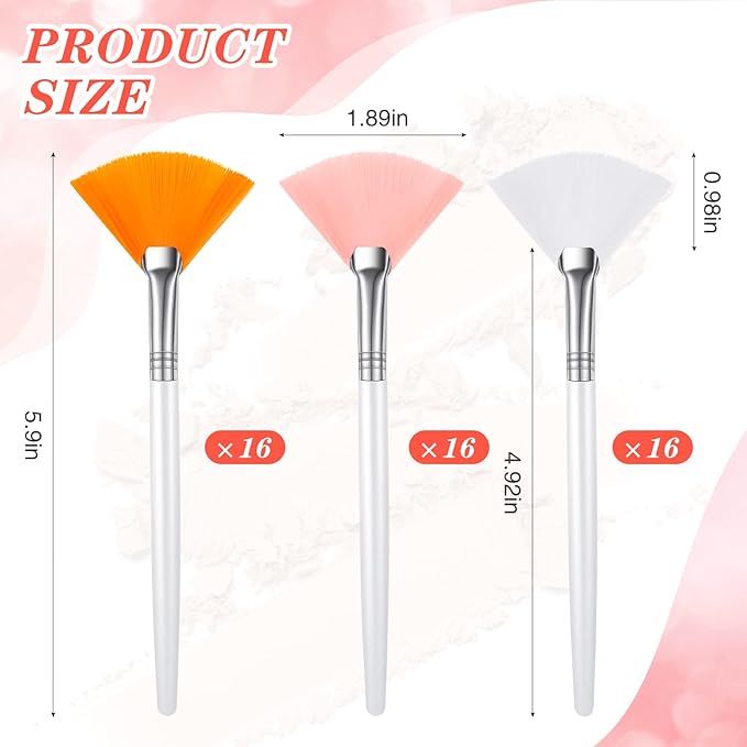 48 Pcs Fan Brushes Facial Applicator Brush Multi Use Makeup Face Mask Brush Soft Peel Brush Applicator for Women Girls Esthetician Spa Acid Mud Cream Masques Cleansing Tools, Pink, White, Orange