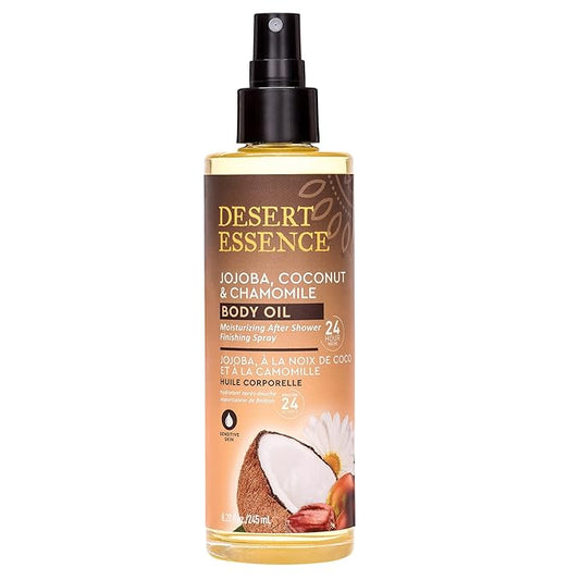 Desert Essence Body Oil Spray – 8.28 fl oz | Jojoba, Coconut & Chamomile | 24-Hour Moisture for Dry Skin | Lightweight After-Shower Oil | Vegan, Cruelty-Free, B-Corp, Made in USA