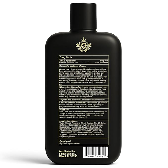 Shield Men's Acne Body Wash for Back, Chest & Shoulders - 4% Benzoyl Peroxide Body Wash, Clears Breakouts & Acne Scars – Unscented with Niacinamide, Glycolic Acid & Ceramides, 8.5 oz