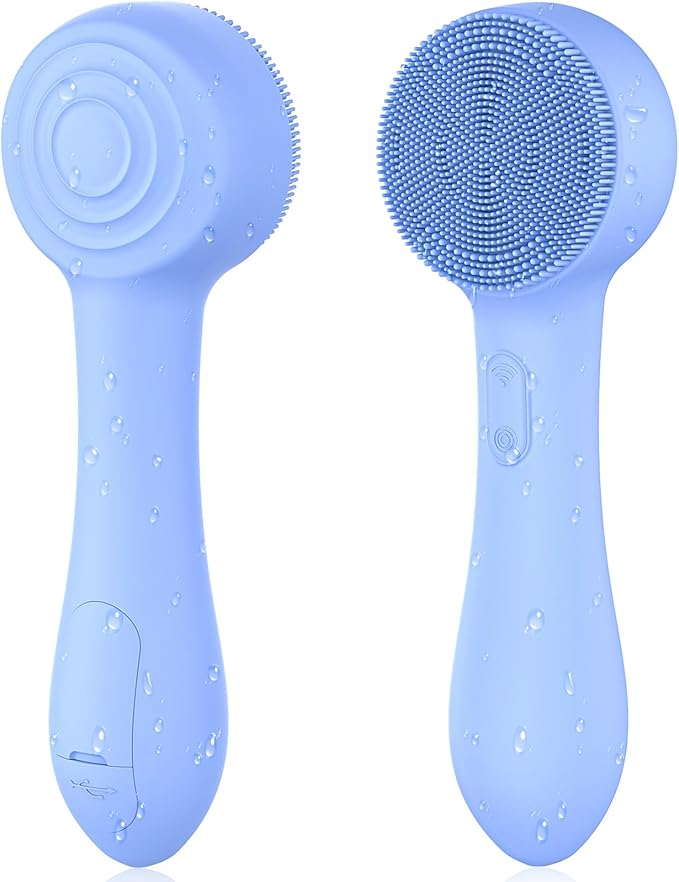 Facial Cleansing Brush Silicone Face Scrubber Waterproof Rechargeable Exfoliator Massage Device for Men & Women, Deep Pore Cleansing, Exfoliating, Removing Blackhead Electric Face Scrub Brush (Blue)