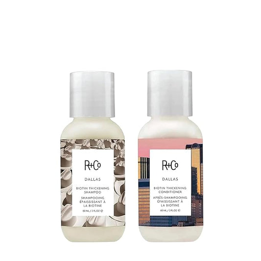R+Co | Travel Size | Dallas Biotin Shampoo and Conditioner Set | TSA Approved | Weightless Hydration + Strengthens + Enhances Shine | Sulfate-Free + No Parabens | Color Safe | Set of 2