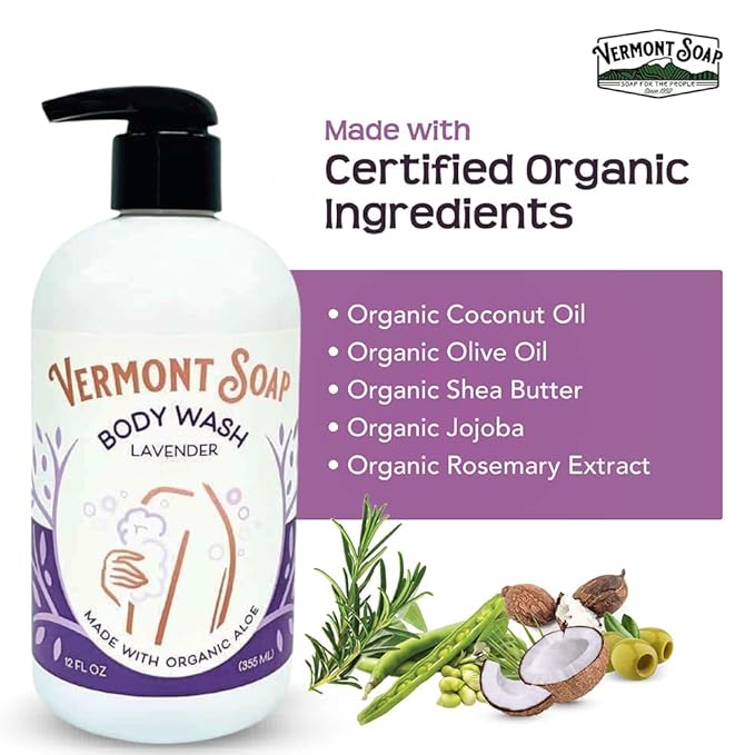 VERMONT SOAP Body Wash, Natural Body Wash with Shea Butter, Mild Gel Body Wash for Moisturizing and Soothing Skin, Fragrance Free Body Wash for Women & Men (Lavender, 12oz)