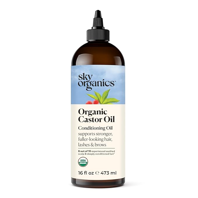 Sky Organics - Castor Oil Organic - Volumizing Hair Oil - Scalp, Lashes, Brows - Pure Castor Oil Cold Pressed - Natural Conditioner - Omega Fatty Acids, Vegan - Beauty, Hair Care, & Self Care - 16oz