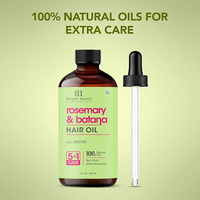 Botanic Hearth Rosemary & Batana Hair Oil with Biotin | 100% Natural Oils | Non-Sticky, Fast Absorbing | Promotes Hair Growth, Nourishment & Shine | 5-in-1 Hair Care | 2 fl oz / 60 ml - Hair Tonic