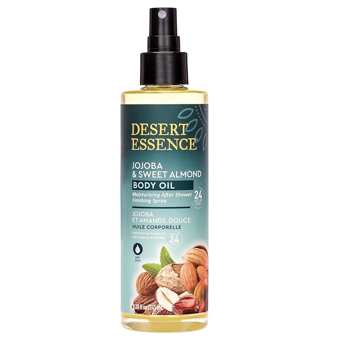 Desert Essence, Jojoba & Sweet Almond Body Oil Spray, 8.28 fl. oz. - Gluten-Free, Vegan, Cruelty Free - 24hour Moisture, Soothes Skin, Perfect for Sensitive Skin, Illuminating Body Spray