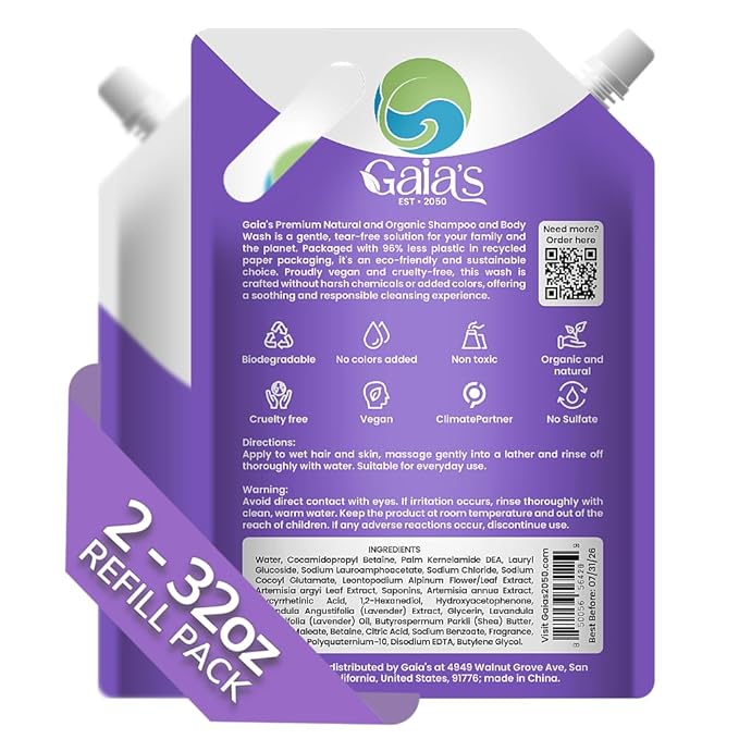 GAIA'S Natural Body Wash and Shampoo Lavender, Bulk Refill Size, 64 Fl Oz, Sulfate Free, Paraben Free, Dye Free, Tear Free, Organic and Natural Ingredients, PH Balance Feminine