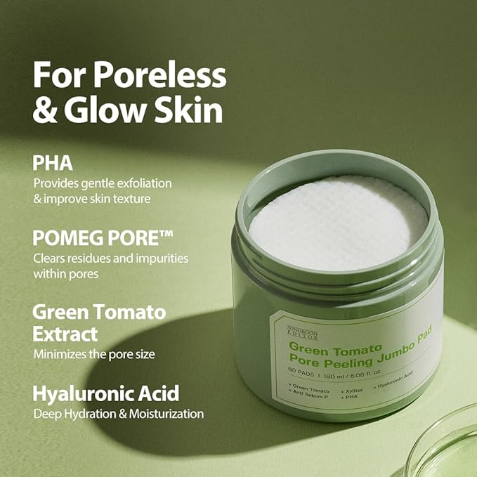 SUNGBOON EDITOR Green Tomato Pore Peeling Pad 60 Sheets | Exfoliating PHA Toner Pads with Green Tomato & Hyaluronic Acid | Pore Minimizer for Face | Korean Skincare