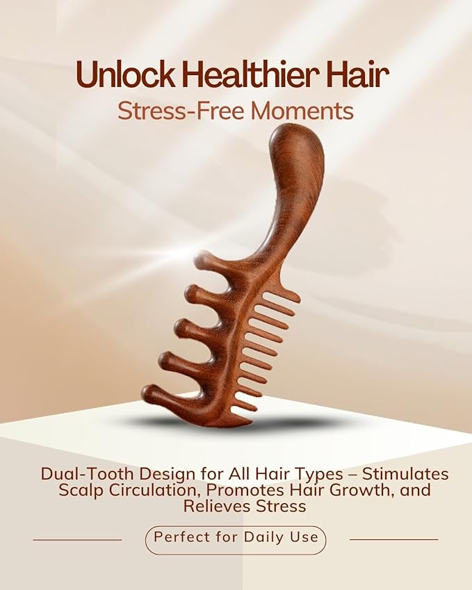 Wooden Scalp Massager Comb – Natural Wood Wide & Fine Tooth with Handle for Hair Growth, Scalp Care & Stress Relief – Detangling Tool for All Hair Types
