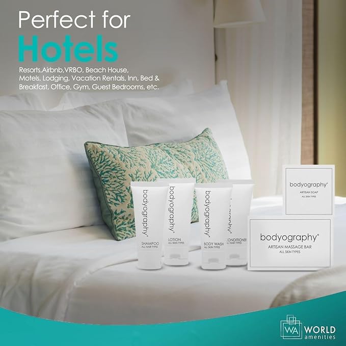 Bodyography Blanc Mini Travel Size Toiletries Bathroom Kit | Vanilla White Tea| Shampoo, Conditioner, Body Wash, Lotion, Artisan Soap and Massage Bar