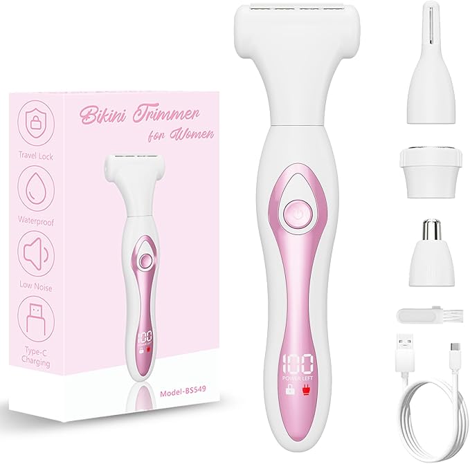 Electric Razor for Women 4-in-1 Bikini Trimmer & Body Shaver for Face, Legs, Underarms, Pubic Hair – Rechargeable Wet/Dry Painless Hair Removal with LED Display – Cordless Grooming Kit