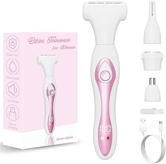Electric Razor for Women 4-in-1 Bikini Trimmer & Body Shaver for Face, Legs, Underarms, Pubic Hair – Rechargeable Wet/Dry Painless Hair Removal with LED Display – Cordless Grooming Kit